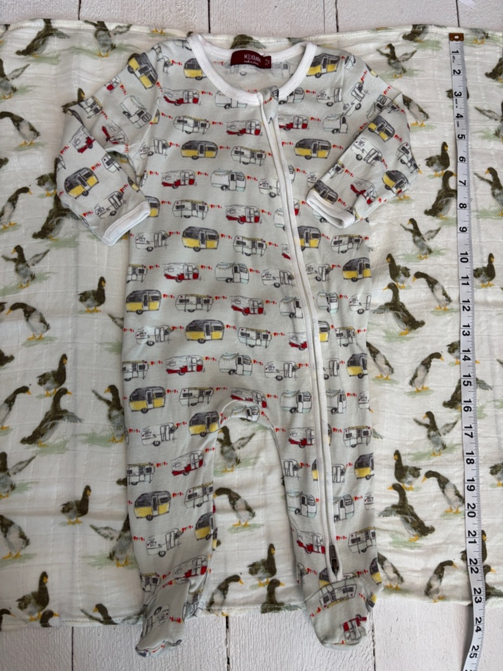 Milkbarn Cream Footed Onesie with Camper Pattern Small Blanket 3-6